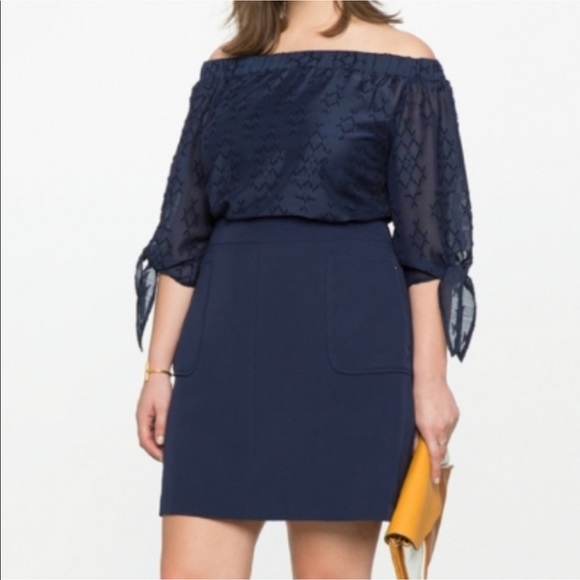 Eloquii Embroidered Off Shoulder Tie Sleeve Blouse Top in Navy plus size 18 - Picture 3 of 14